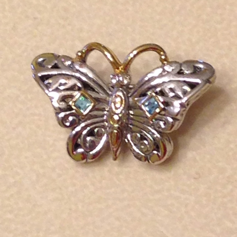 John Medeiros silver, gold, aqua CZ butterfly pin